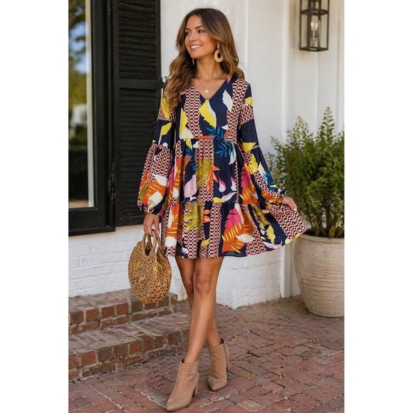Dresses & Skirts - Boho Patchwork Mini Dress Large Tiered Bell Sleeve V-Neck